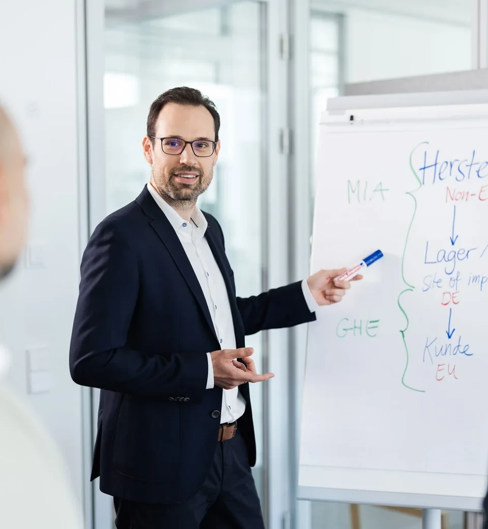 Präsentation im Büro Ein Mann im Anzug hält eine Präsentation für zwei weitere Personen und nutzt dabei ein Flipchart mit Stichpunkten zu Import- und Lagerprozessen.